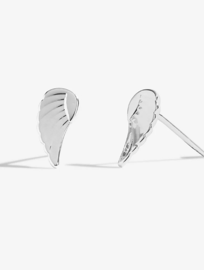 Joma Jewellery Guardian Angel earrings presented in a white Treasure The Little Things gift box with delicate silver wing charms.
