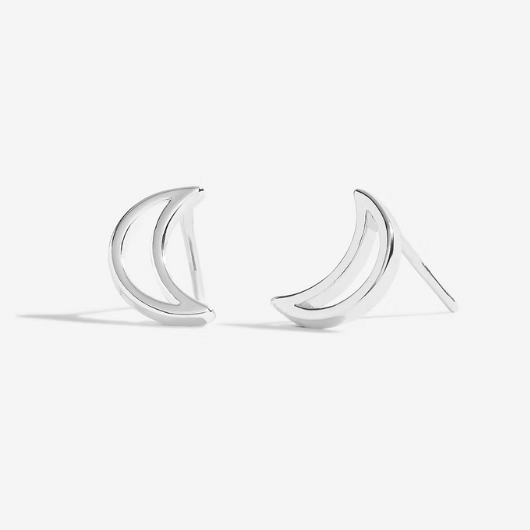 Close-up of Joma Jewellery silver-plated moon stud earrings symbolising eternal love.