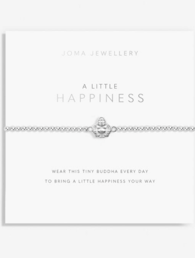 A Little Happiness Bracelet – silver-plated Buddha charm on stretch-bead design presented on sentiment card.