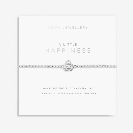A Little Happiness Bracelet – silver-plated Buddha charm on stretch-bead design presented on sentiment card.