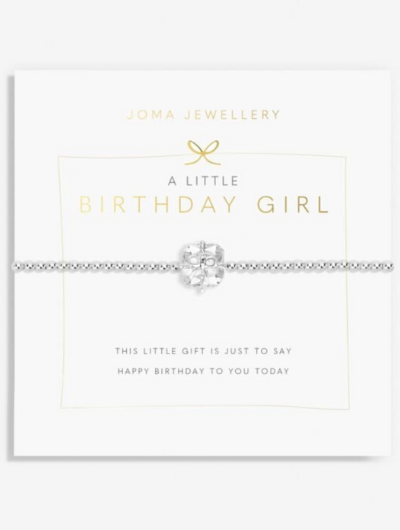 A Little Birthday Girl Bracelet – silver-plated sparkling charm on stretch design with sentiment card.