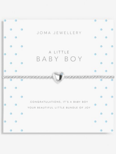 A Little Baby Boy Bracelet – silver-plated heart charm on stretch design with sentiment card.