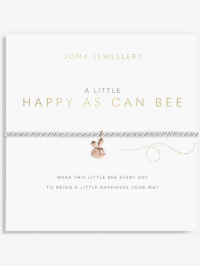 A Little Happy As Can Bee Bracelet – silver and rose gold bee charm on stretch design with sentiment card.
