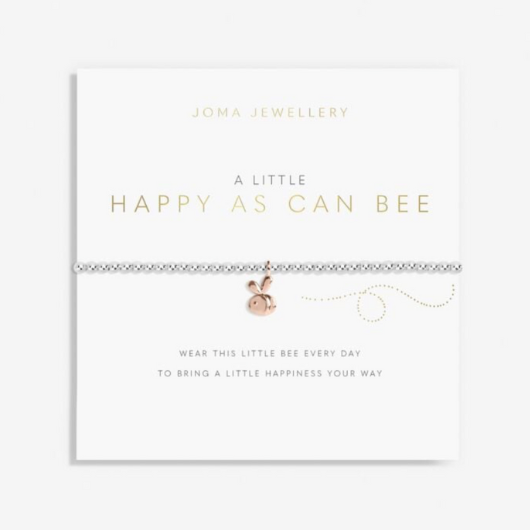 A Little Happy As Can Bee Bracelet – silver and rose gold bee charm on stretch design with sentiment card.