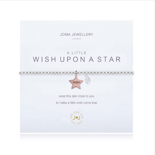 Joma Jewellery A Little Wish Upon A Star silver-plated bracelet with star charm on sentiment card.