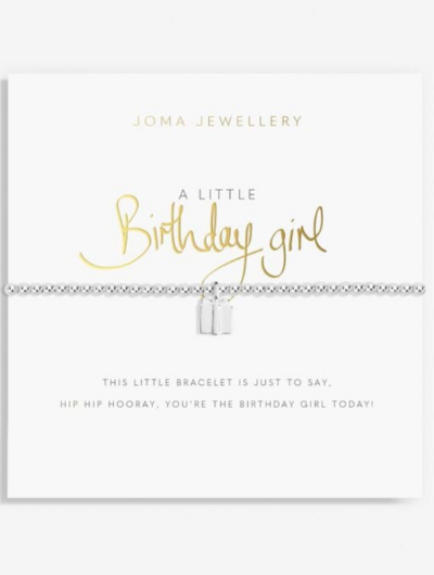 Joma Jewellery A Little Birthday Girl silver-plated bracelet with birthday charm on sentiment card.