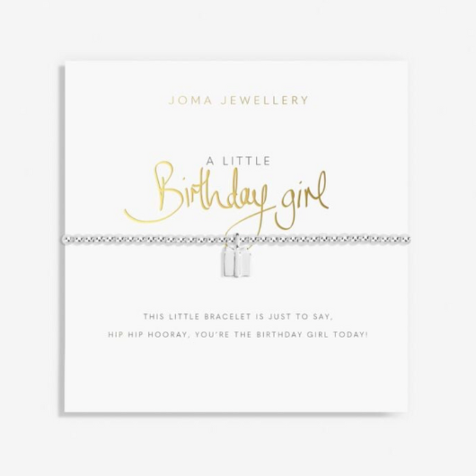 Joma Jewellery A Little Birthday Girl silver-plated bracelet with birthday charm on sentiment card.