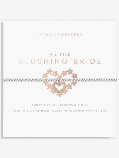Joma Jewellery A Little Blushing Bride silver and rose gold plated bracelet with heart charm on sentiment card.