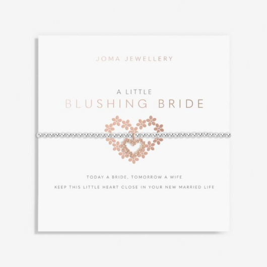 Joma Jewellery A Little Blushing Bride silver and rose gold plated bracelet with heart charm on sentiment card.