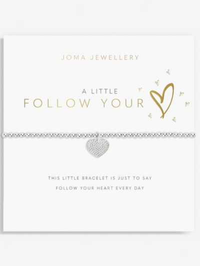 Joma Jewellery A Little Follow Your Heart silver-plated bracelet with textured heart charm on sentiment card.
