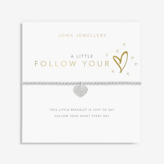 Joma Jewellery A Little Follow Your Heart silver-plated bracelet with textured heart charm on sentiment card.