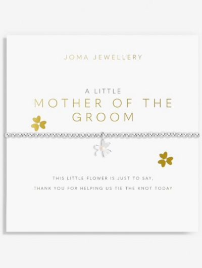 Joma Jewellery A Little Mother Of The Groom silver-plated bracelet with flower charm on sentiment card.