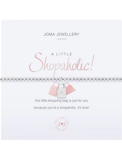 Joma Jewellery A Little Shopaholic silver-plated bracelet with shopping bag charm on sentiment card.