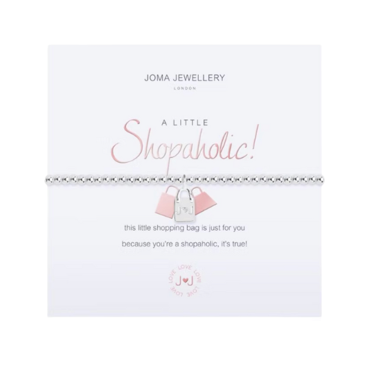 Joma Jewellery A Little Shopaholic silver-plated bracelet with shopping bag charm on sentiment card.