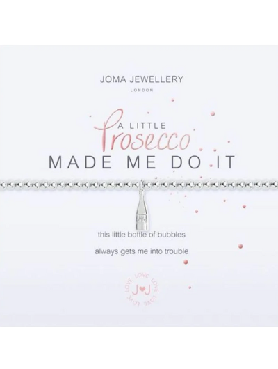 Joma Jewellery A Little Prosecco Made Me Do It silver-plated bracelet with Prosecco bottle charm on sentiment card.