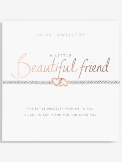 Joma Jewellery A Little Beautiful Friend silver and rose gold plated bracelet with interlinked heart charm on sentiment card.