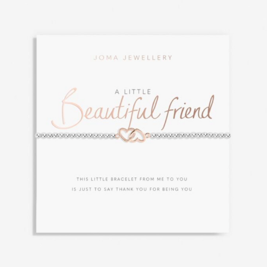 Joma Jewellery A Little Beautiful Friend silver and rose gold plated bracelet with interlinked heart charm on sentiment card.