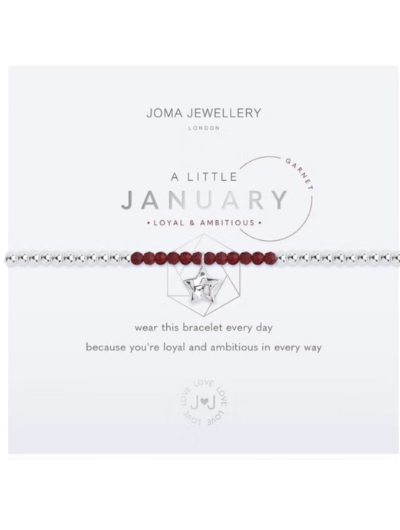 Joma Jewellery A Little January Garnet Birthstone silver-plated bracelet with star charm on sentiment card.
