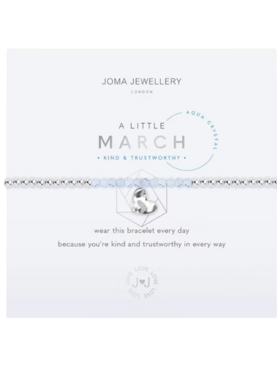 Joma Jewellery A Little March Birthstone aqua crystal bracelet with silver heart charm on sentiment card.