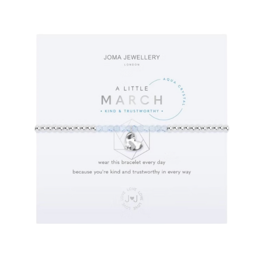Joma Jewellery A Little March Birthstone aqua crystal bracelet with silver heart charm on sentiment card.