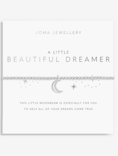 Joma Jewellery A Little Beautiful Dreamer silver-plated bracelet with moon charm on sentiment card.