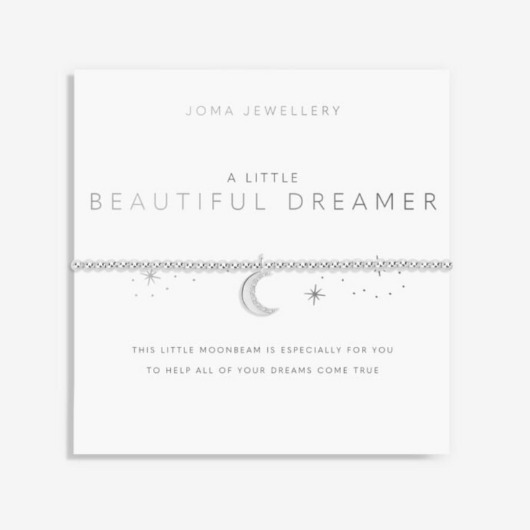 Joma Jewellery A Little Beautiful Dreamer silver-plated bracelet with moon charm on sentiment card.