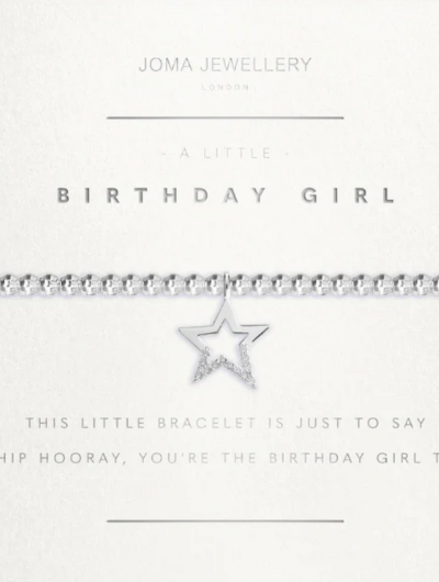 Joma Jewellery A Little Birthday Girl silver-plated bracelet on sentiment card.