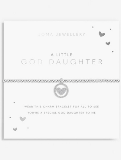 Joma Jewellery A Little God Daughter silver-plated bracelet with charm on sentiment card.