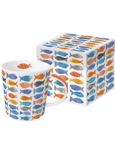 Atlantic large porcelain mug with modern Fish design and matching rectangular gift box.”