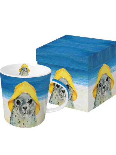 Hello Trend mug featuring a cute seal in a hat, presented in matching gift box.
