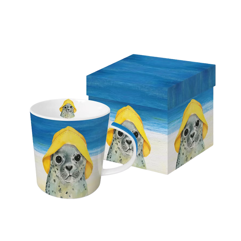Hello Trend mug featuring a cute seal in a hat, presented in matching gift box.