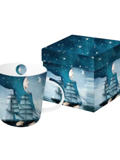 Blue Moon ceramic mug featuring a blue moon motif, presented in coordinating gift box.