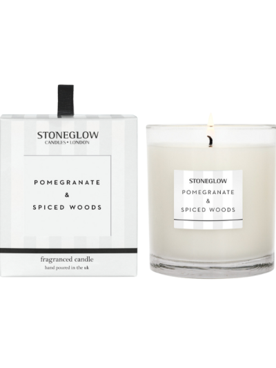 Pomegranate & Spiced Woods scented candle in luxury boxed tumbler.