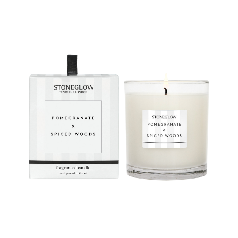 Pomegranate & Spiced Woods scented candle in luxury boxed tumbler.