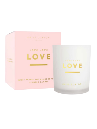 Katie Loxton Sentiment Candle with ‘Love Love Love’ message, glass jar design, tropical papaya and hibiscus scent.