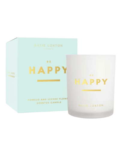 Be Happy candle by Katie Loxton, 100% soy wax, scented with pomelo and lychee flower.