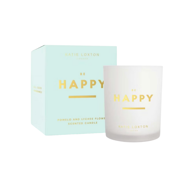Be Happy candle by Katie Loxton, 100% soy wax, scented with pomelo and lychee flower.