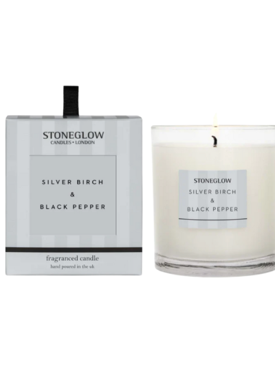 Stoneglow Silver Birch & Black Pepper jar candle with warm, woody fragrance, 200g.