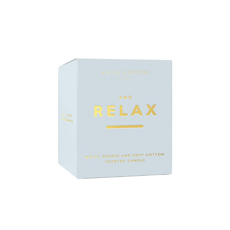 Relax candle by Katie Loxton, 100% soy wax, white orchid and soft cotton scent.