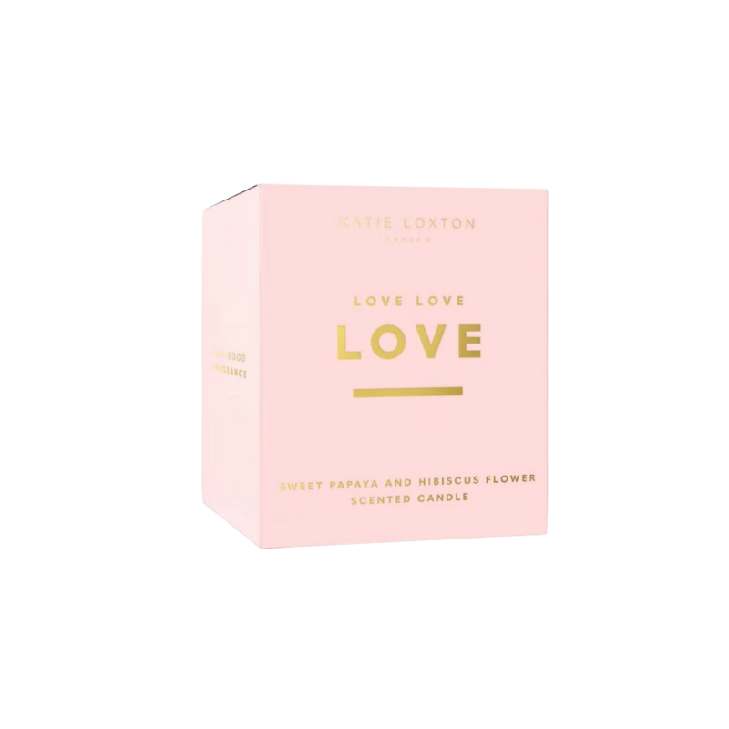 Katie Loxton Sentiment Candle with ‘Love Love Love’ message, glass jar design, tropical papaya and hibiscus scent.