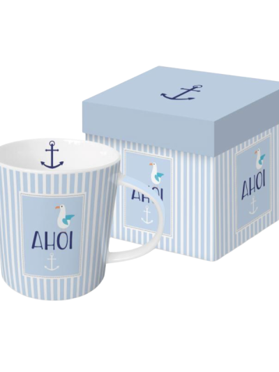 Ahoi ceramic mug with playful seagull and anchor motif, presented in matching gift box.