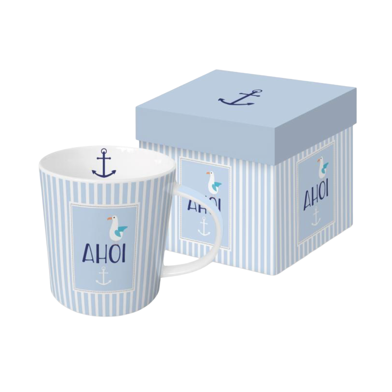 Ahoi ceramic mug with playful seagull and anchor motif, presented in matching gift box.