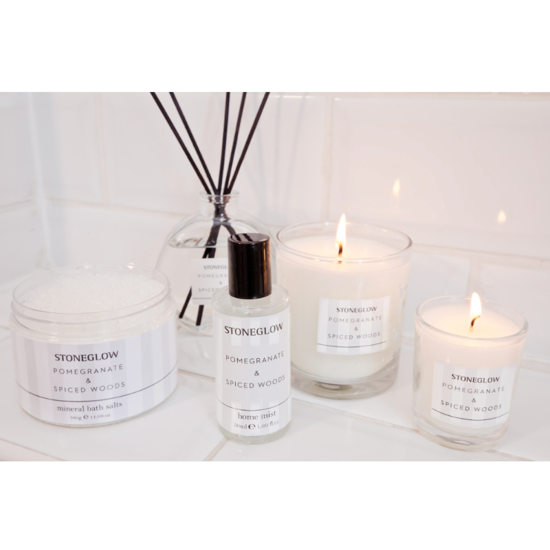 Pomegranate & Spiced Woods scented candle in luxury boxed tumbler.