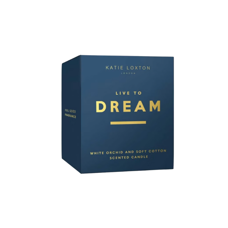 Katie Loxton Sentiment Candle in glass jar with ‘Live To Dream’ message, white orchid and soft cotton fragrance.