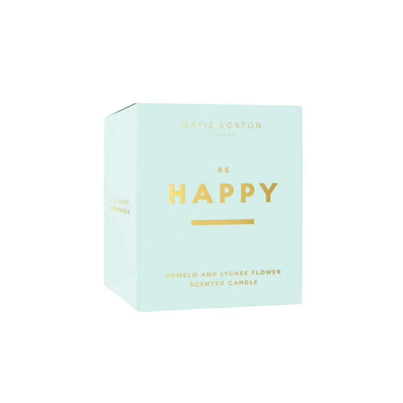 Be Happy candle by Katie Loxton, 100% soy wax, scented with pomelo and lychee flower.