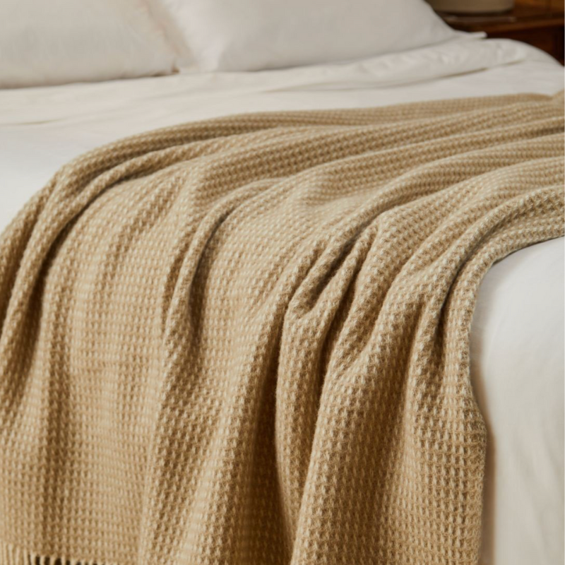 Sand Cornwall Waffle Throw in Oatmeal – soft waffle weave blanket.
