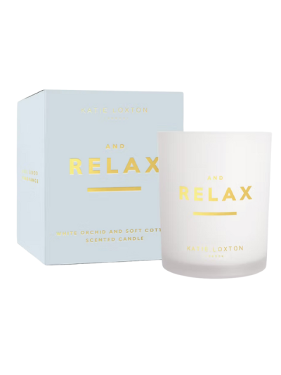 Relax candle by Katie Loxton, 100% soy wax, white orchid and soft cotton scent.