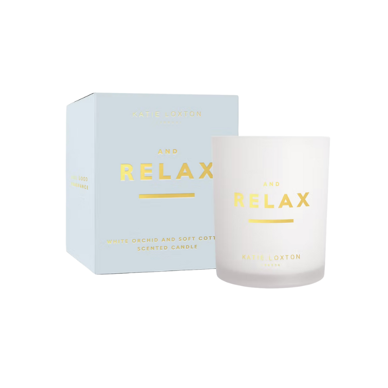 Relax candle by Katie Loxton, 100% soy wax, white orchid and soft cotton scent.