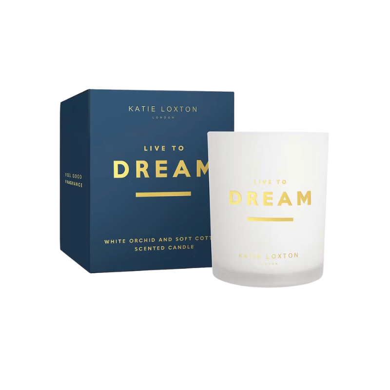 Katie Loxton Sentiment Candle in glass jar with ‘Live To Dream’ message, white orchid and soft cotton fragrance.