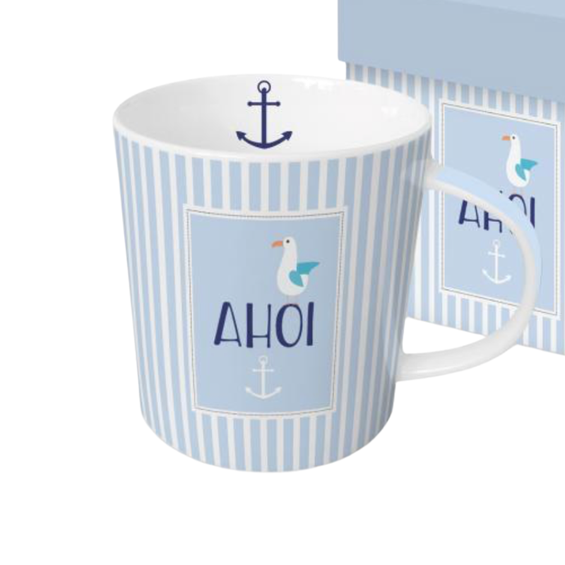 Ahoi ceramic mug with playful seagull and anchor motif, presented in matching gift box.